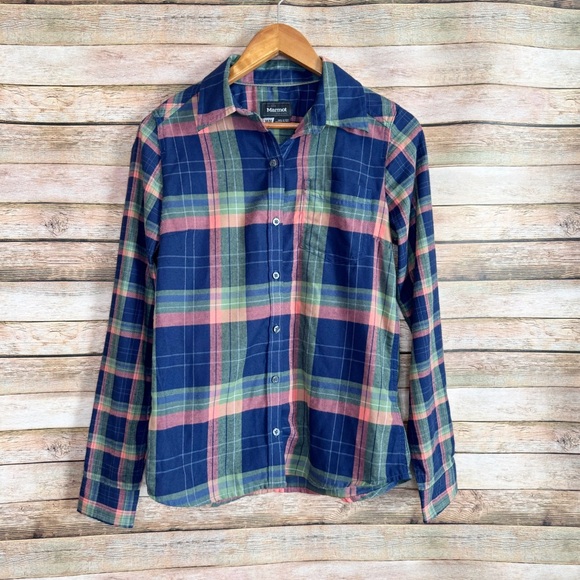 Marmot Women's Blue Multi-color Plaid Long Sleeve Flannel Cozy Button Down Top M - Picture 1 of 8